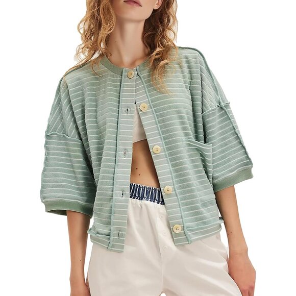 Sweaters - Women’s Cotton-Polyester Striped Cardigan Fall Light Sweater Casual Wear